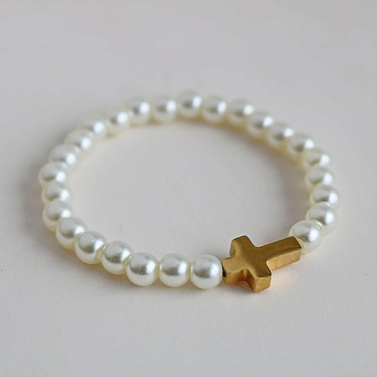 Religious Bracelet | 24K Gold-Plated Cross with Ivory Freshwater Pearls