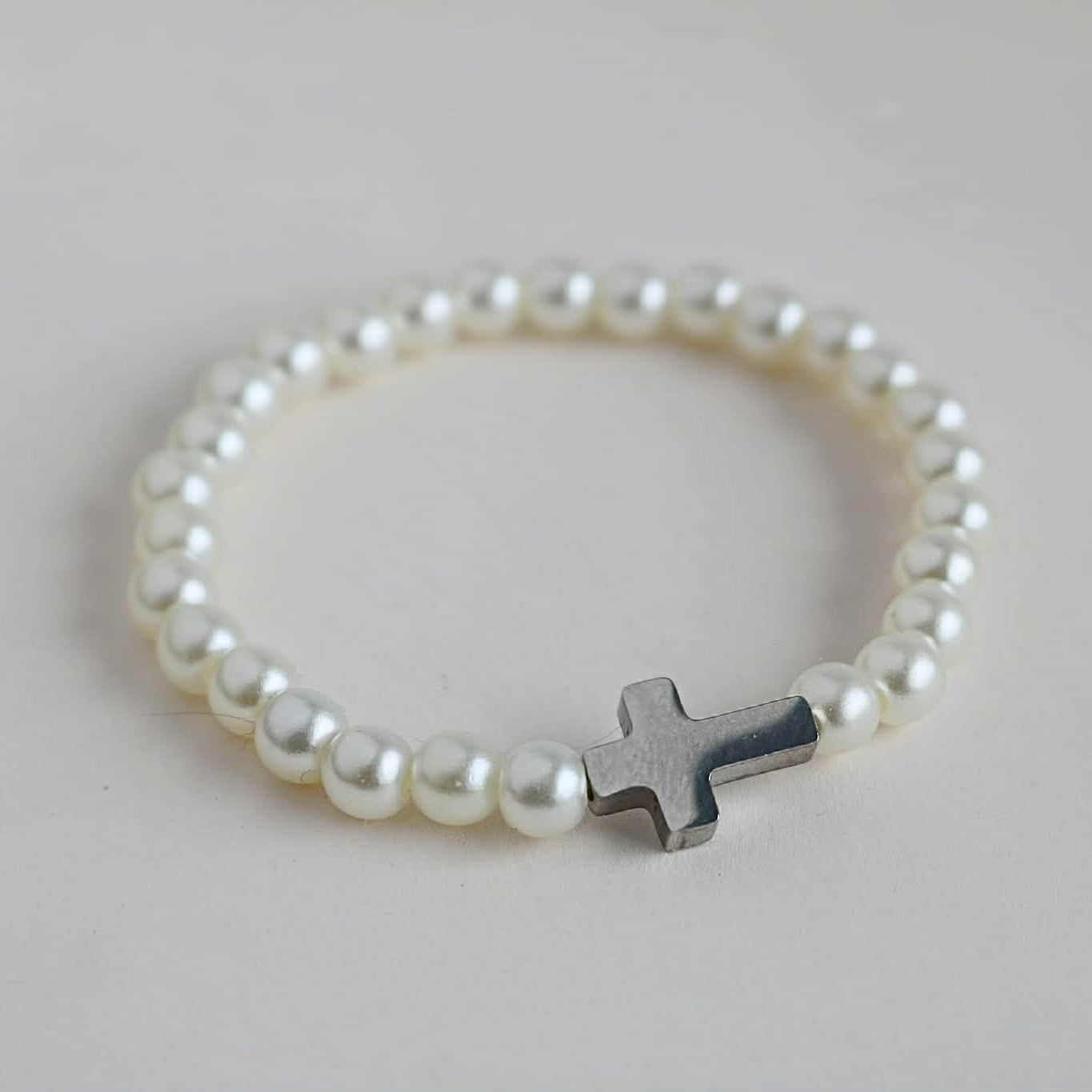 Religious Bracelet | Sterling Silver Cross with Ivory Freshwater Pearls