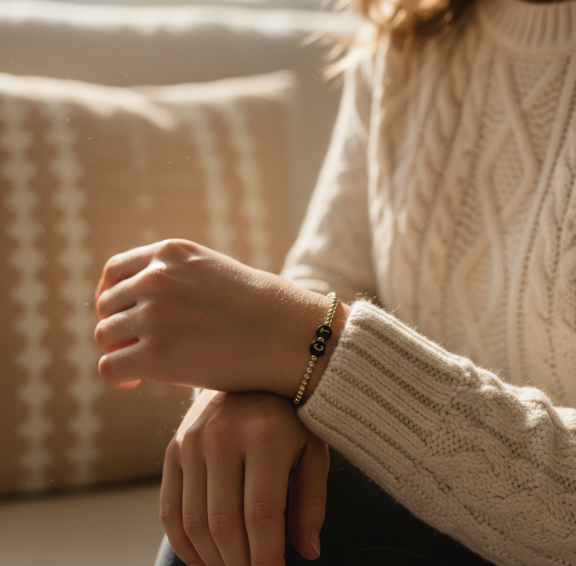 The Names We Carry | 14K Gold-Filled Bracelet With Black Letter Beads