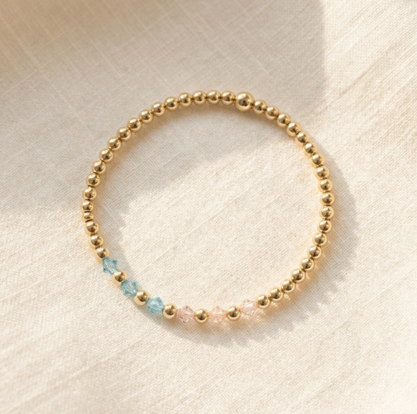 The Colours We Carry | 14K Gold-Filled Bracelet With Crystal Pink Rose & Sky Blue Beads