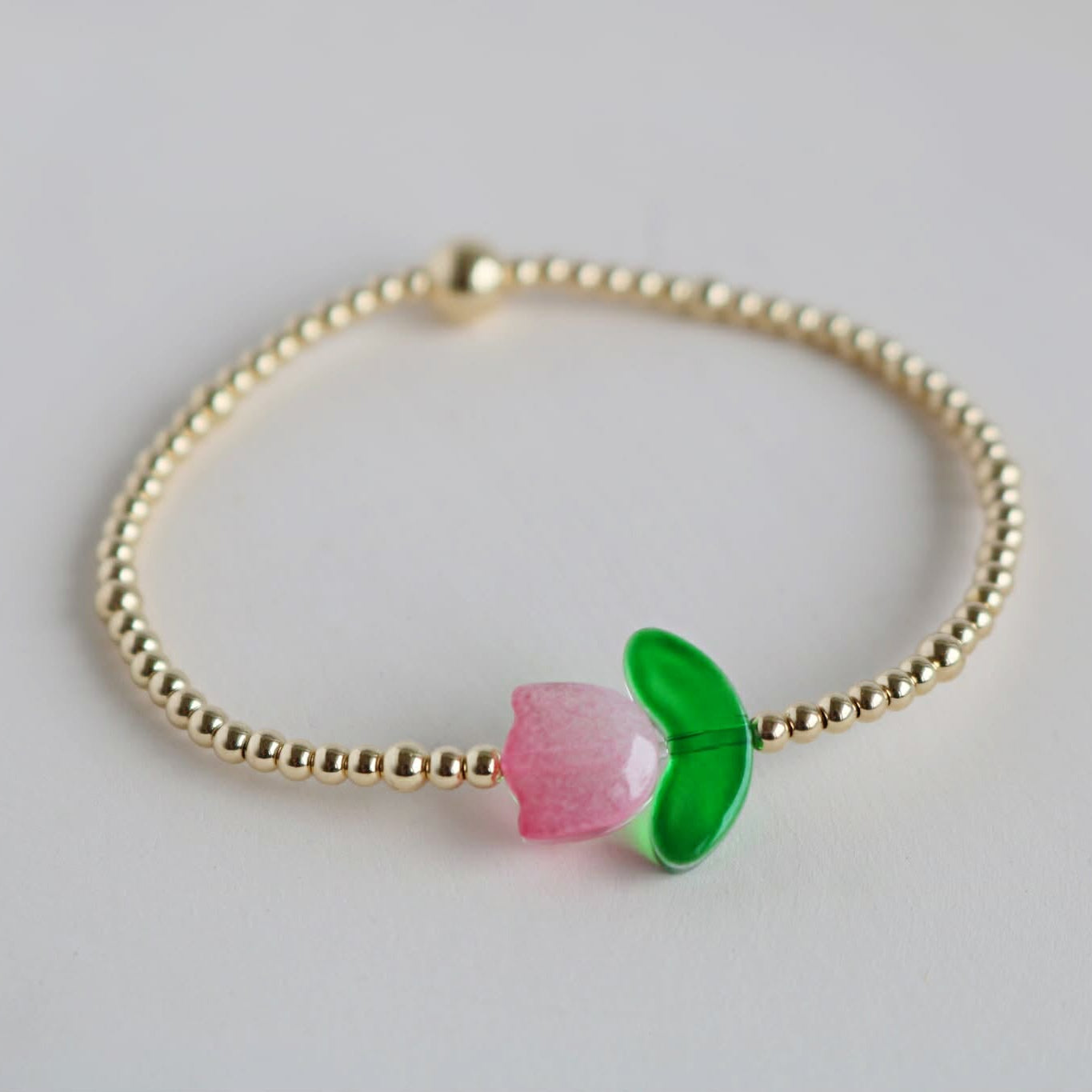 Pink Tulip Bracelet with Glass Bead |  14K Gold-Filled & 925 Sterling Silver