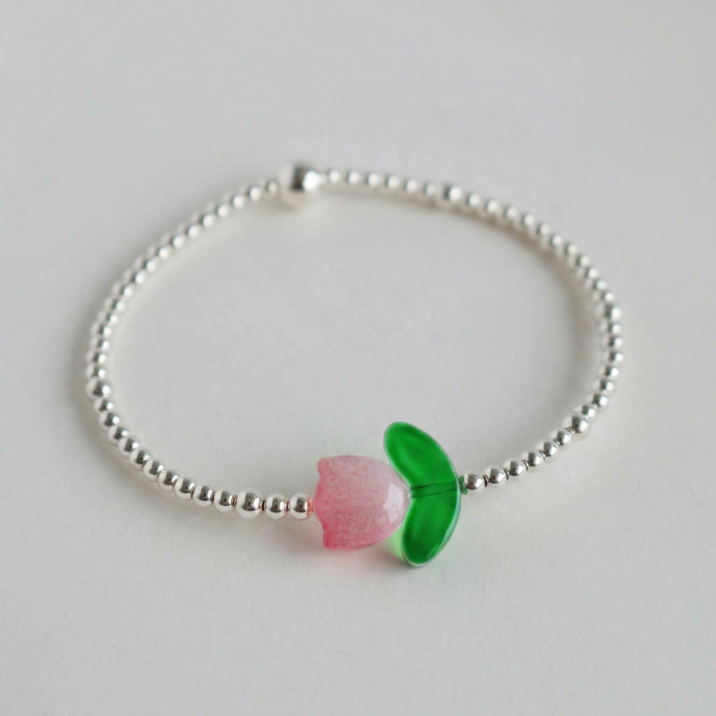 Pink Tulip Bracelet with Glass Bead |  14K Gold-Filled & 925 Sterling Silver