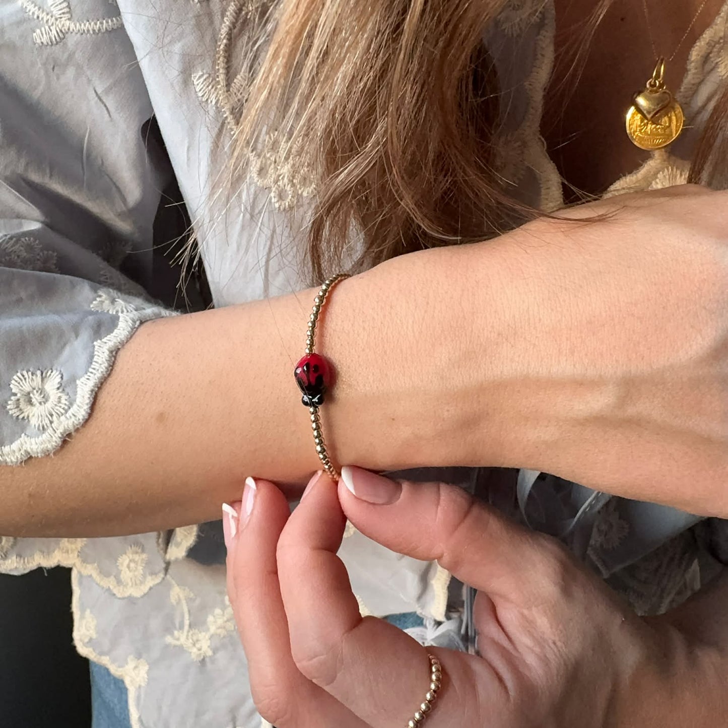 Ladybug Bracelet with Glass Bead |  14K Gold-Filled & 925 Sterling Silver