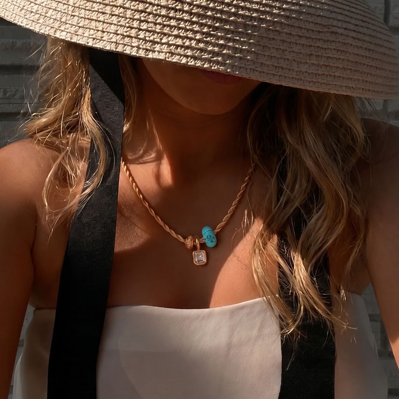 The Capri Necklace |  Silk Rope With Turquoise & CZ Pendant